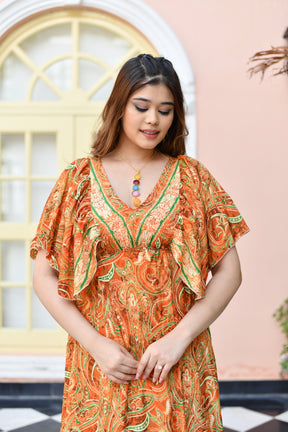 Butterfly sleeves pompom featured boho printed maxi dress in Orange