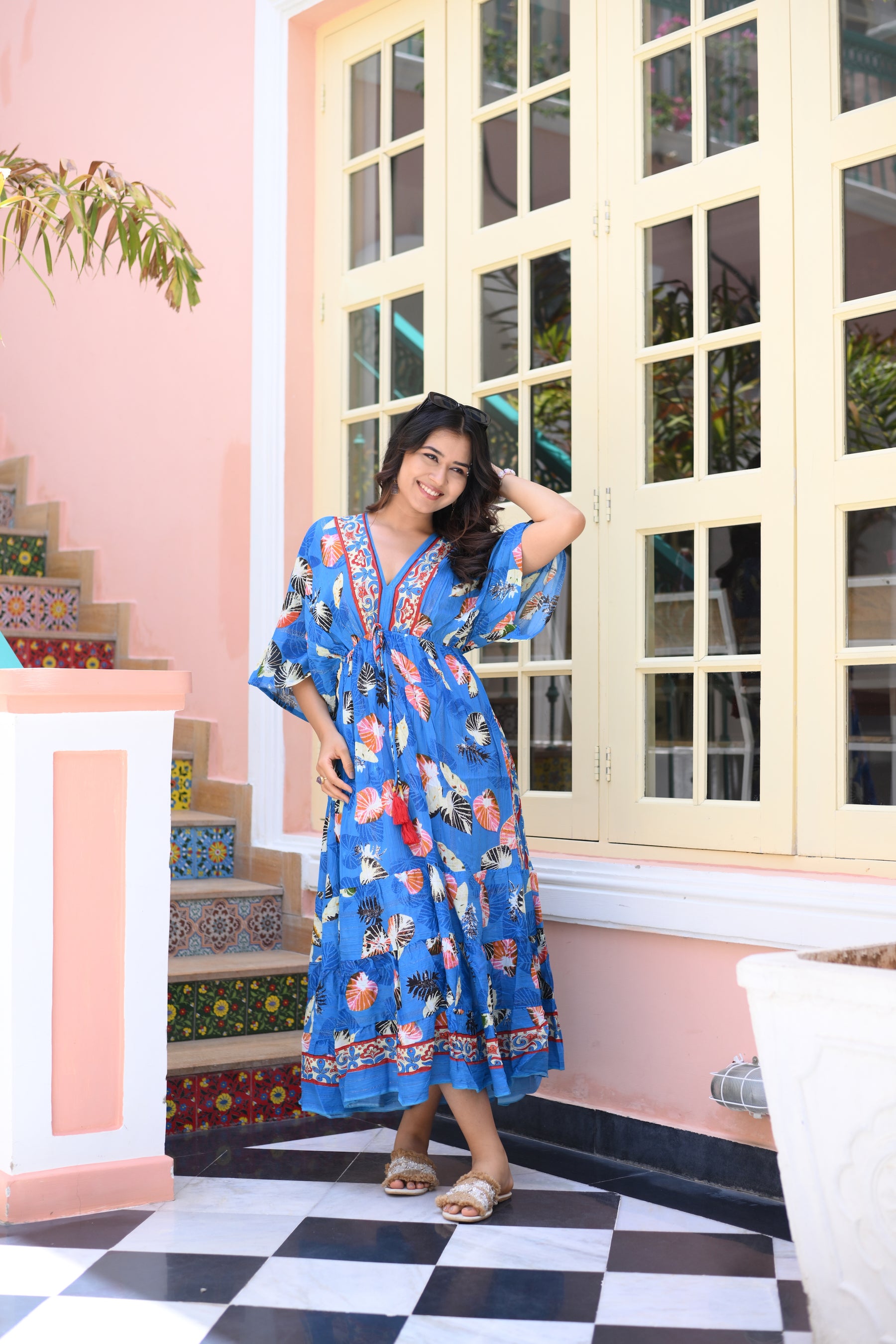 Kaftan Pattern Lurex Maxi Dress in Blue