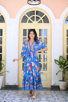 Kaftan Pattern Lurex Maxi Dress in Blue