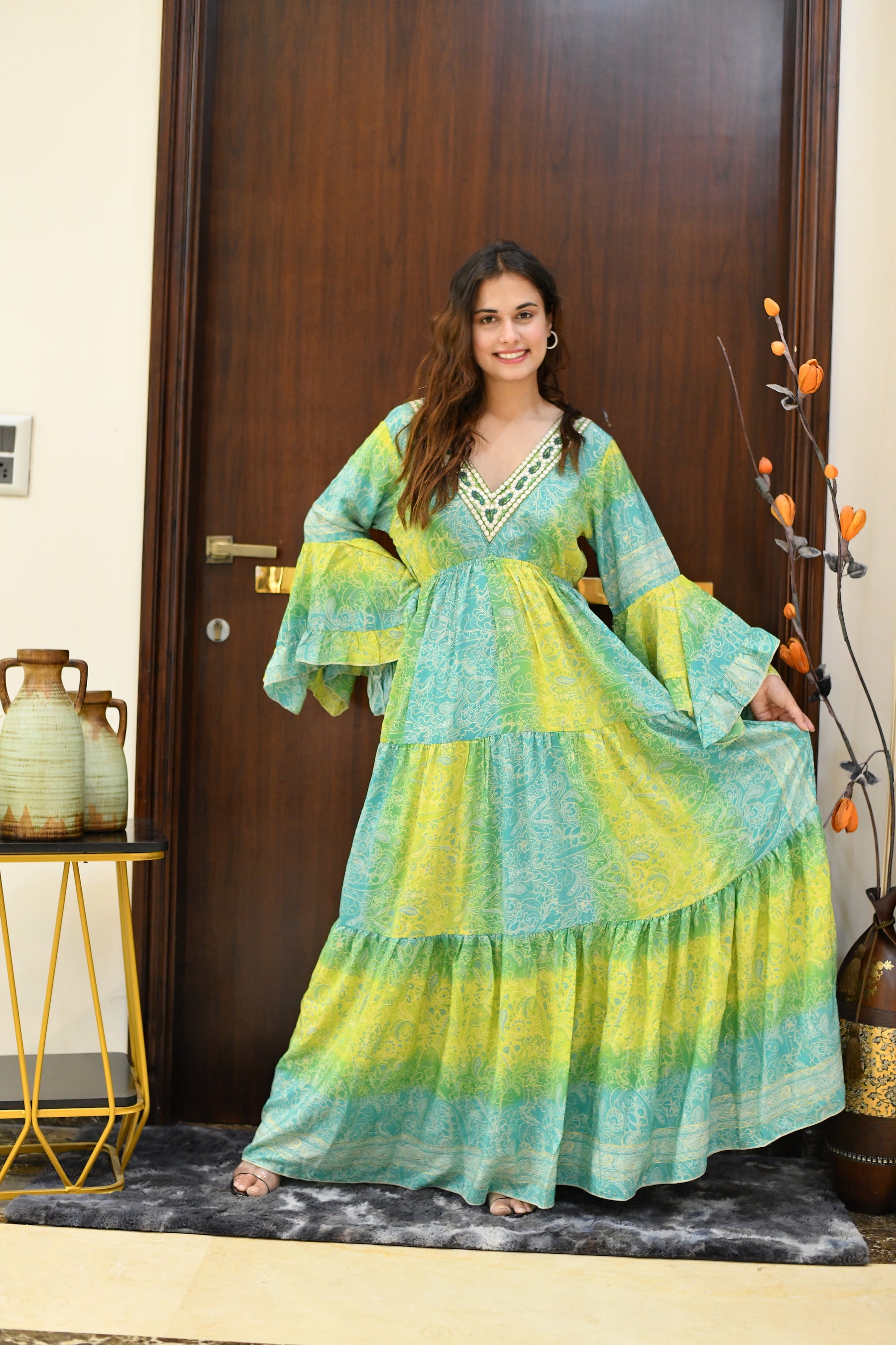 Ruffle Sleeves Boho Maxi Dress- Lemon Lime SmisingBee