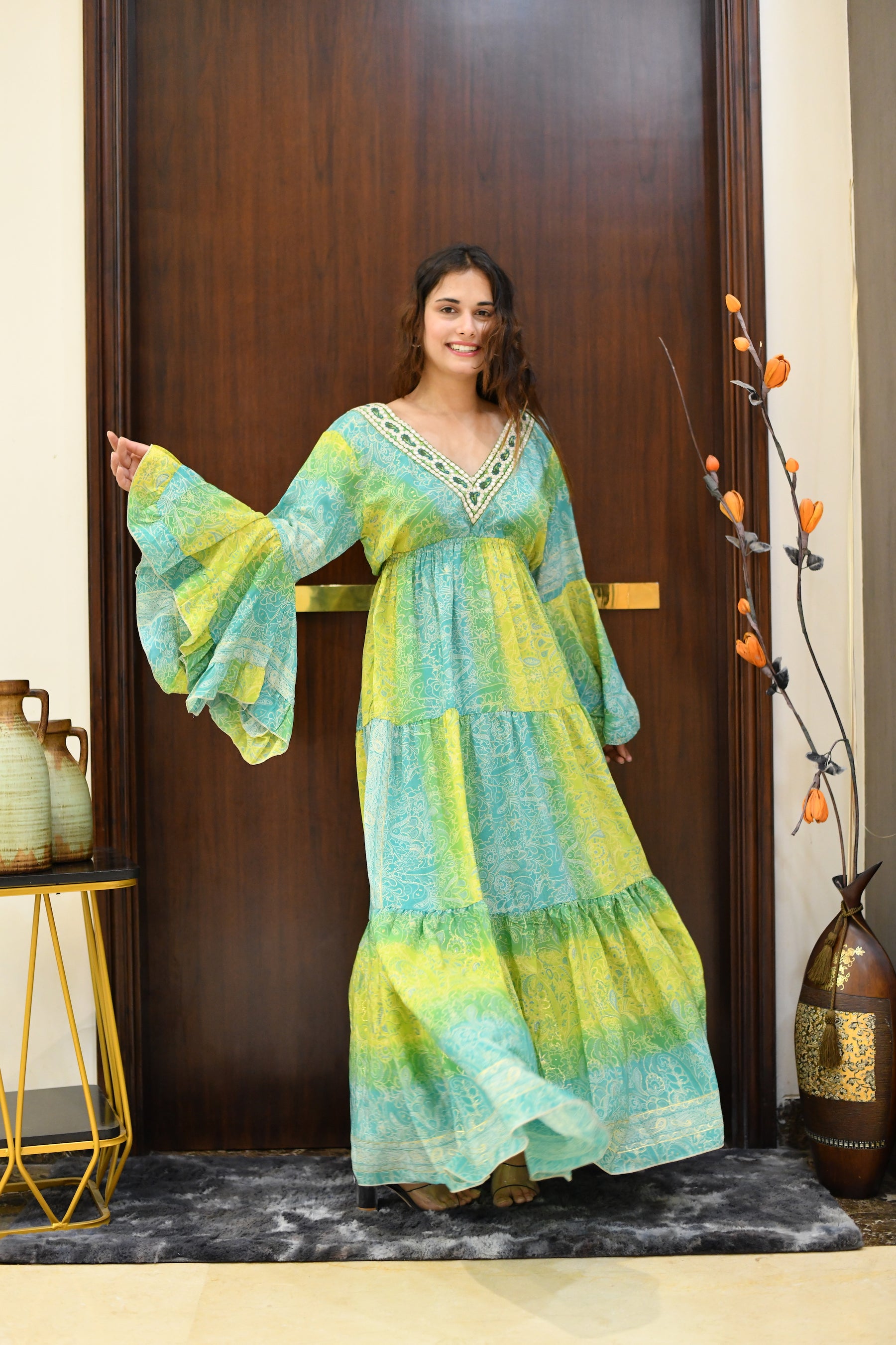 Ruffle Sleeves Boho Maxi Dress- Lemon Lime SmisingBee