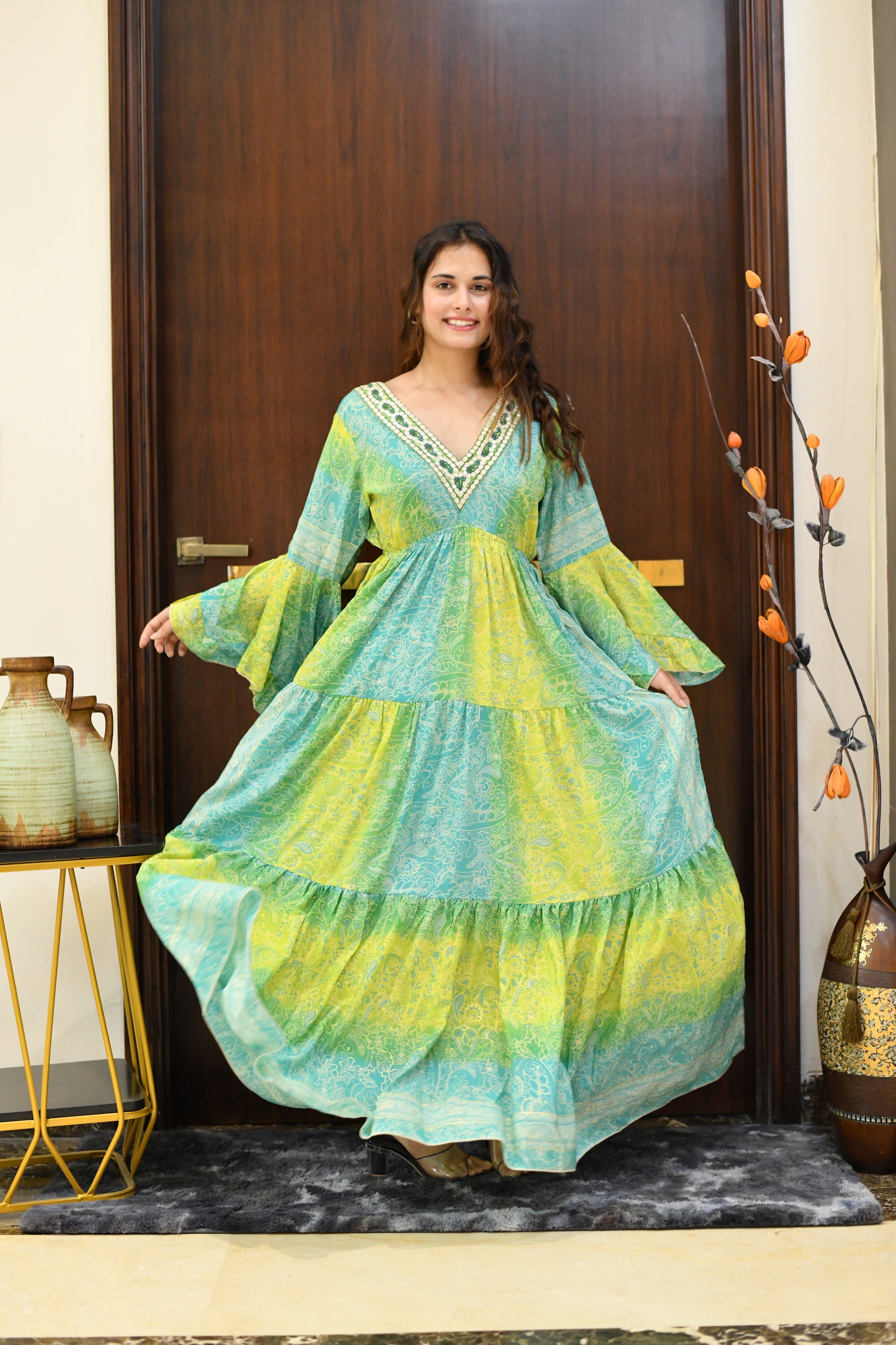 Ruffle Sleeves Boho Maxi Dress- Lemon Lime SmisingBee