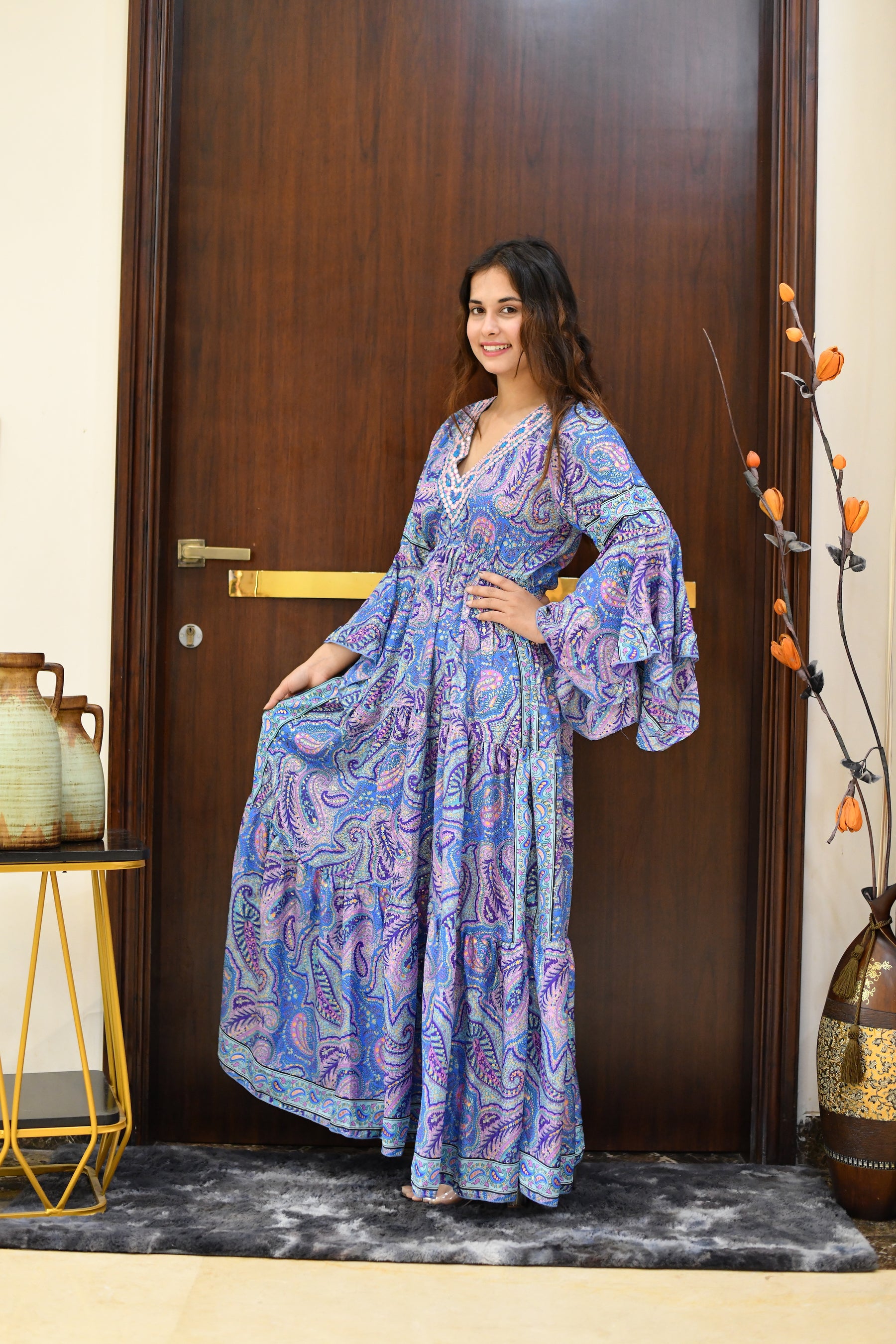 Ruffle Sleeves Boho Maxi Dress- Midnight Orchid SmisingBee