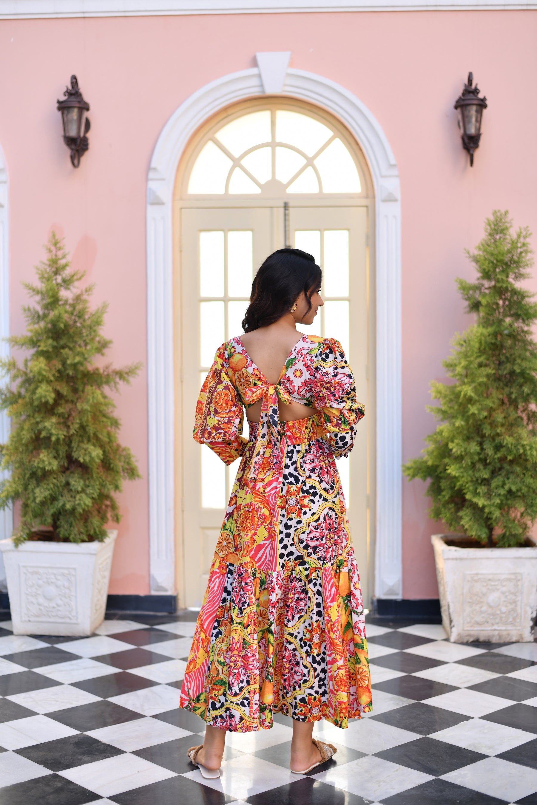 Tangerine Dream Puff Sleeves Cut Out Cotton Dress