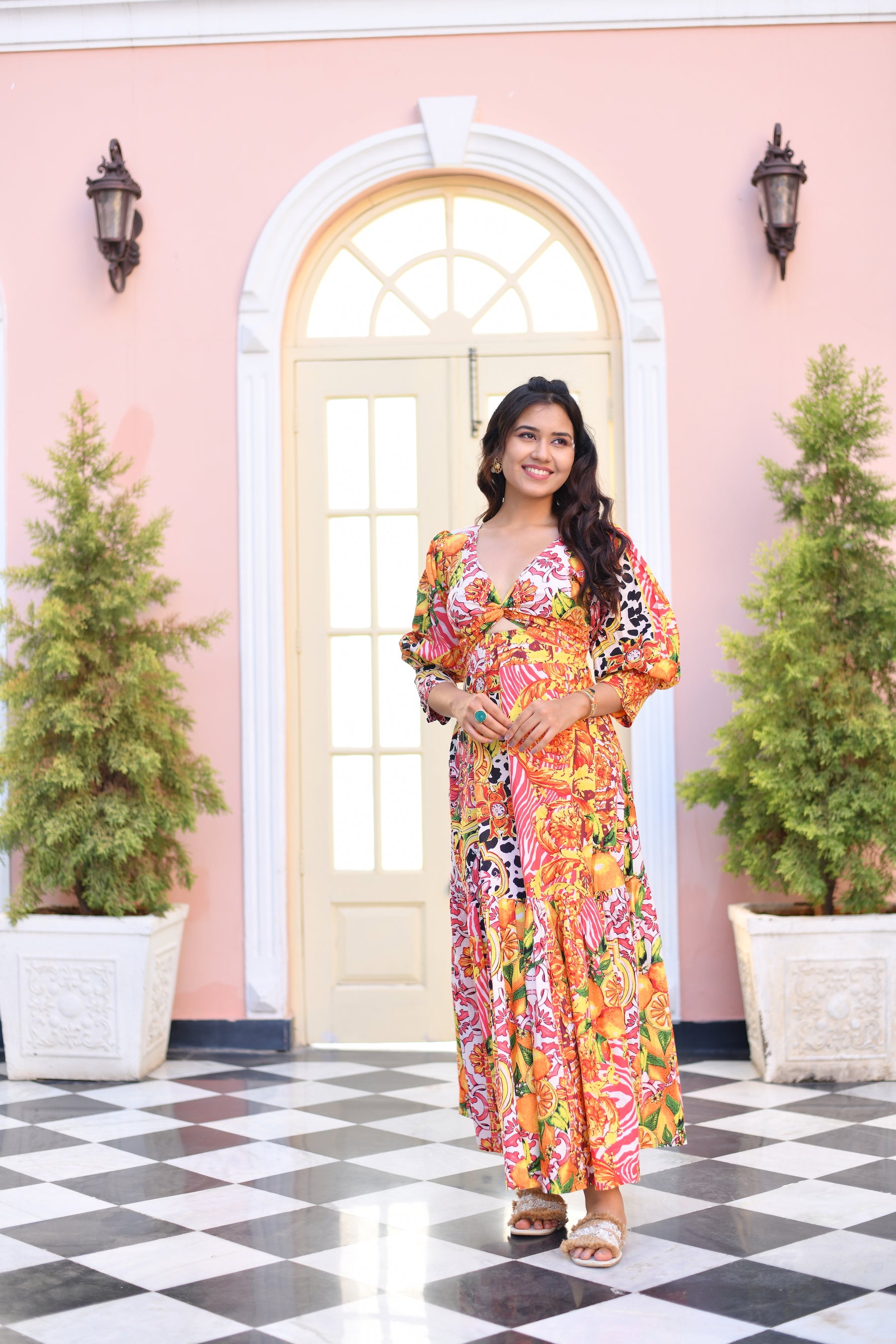 Tangerine Dream Puff Sleeves Cut Out Cotton Dress