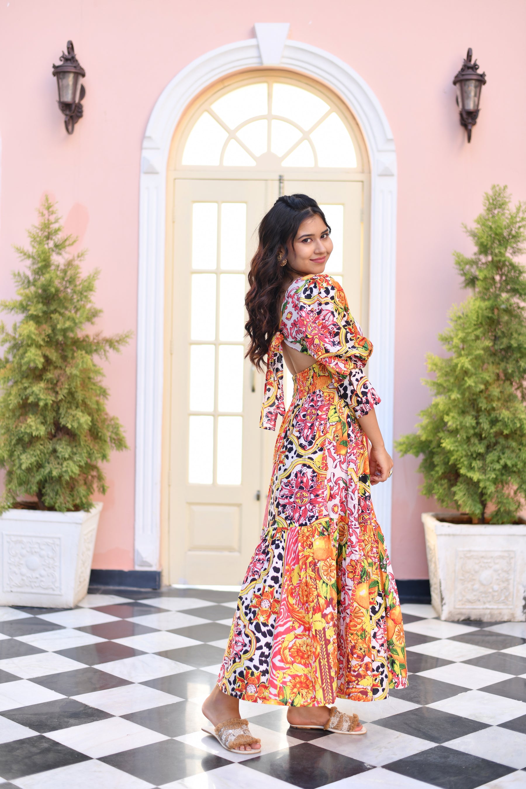 Tangerine Dream Puff Sleeves Cut Out Cotton Dress