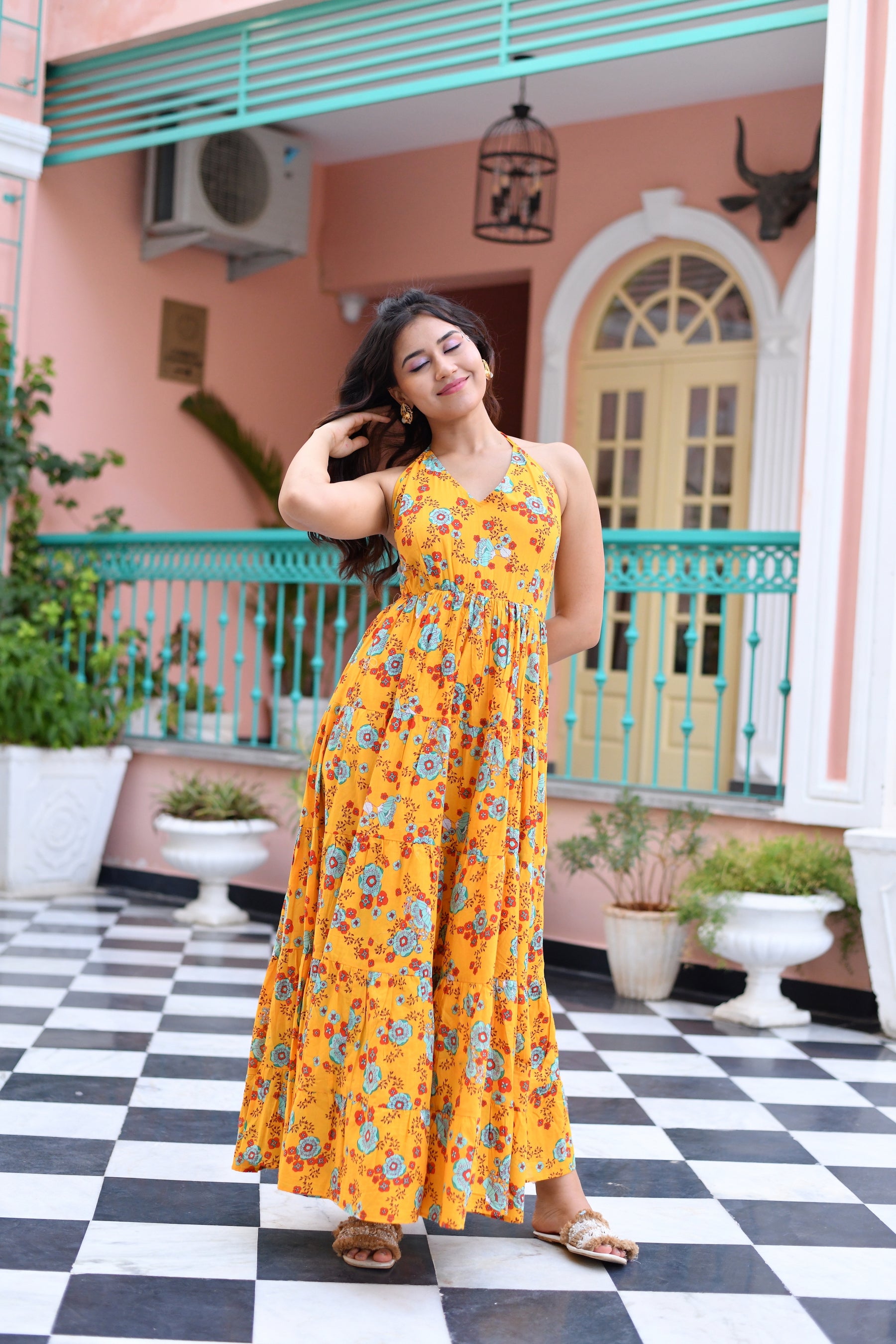 Sun Flower Halter Neck Cotton Long Dress