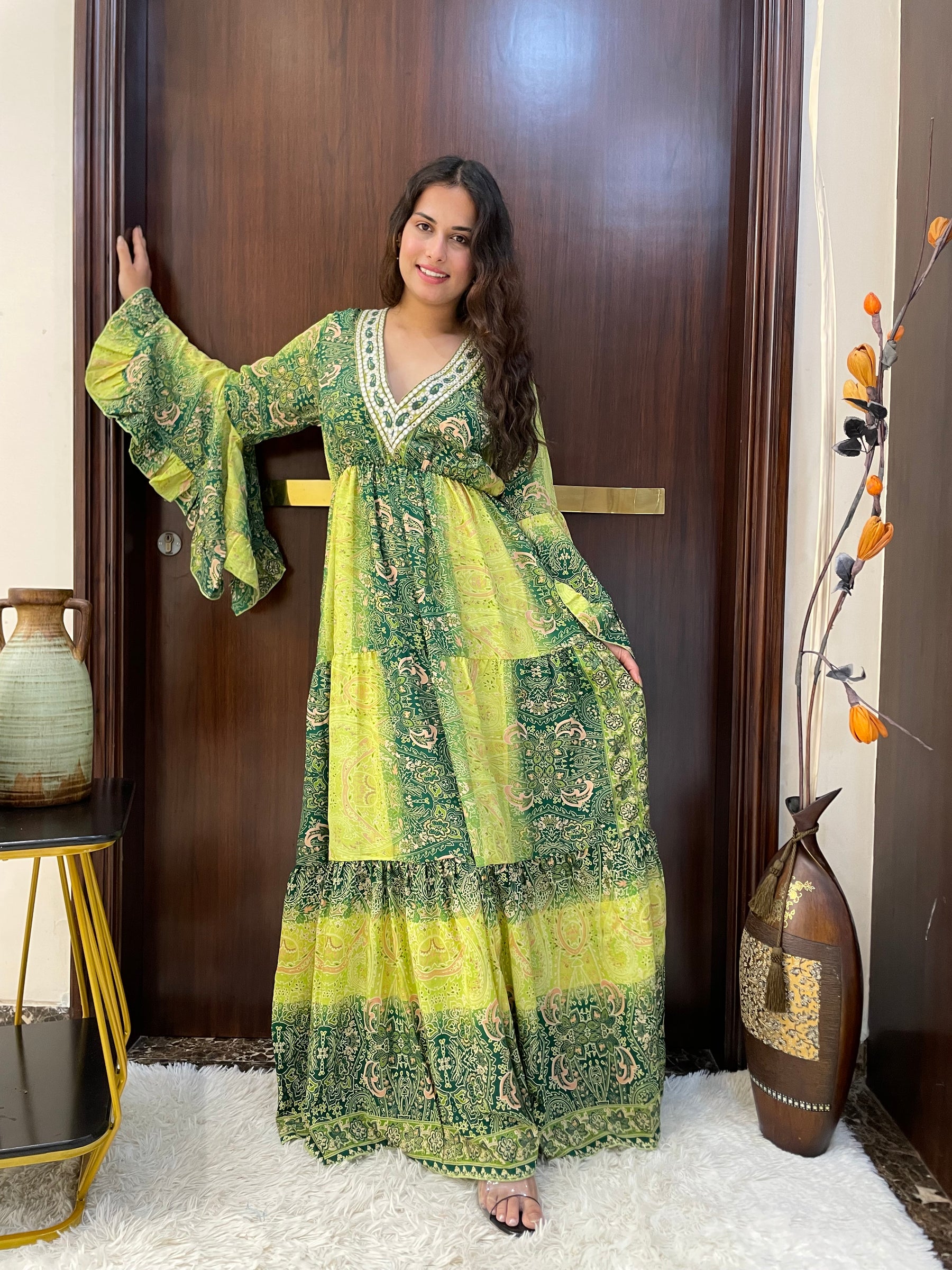 Ruffle Sleeves Boho Maxi Dress- Emerald Lime