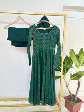 Tie Back Jacquard Print Kurta Set in Green