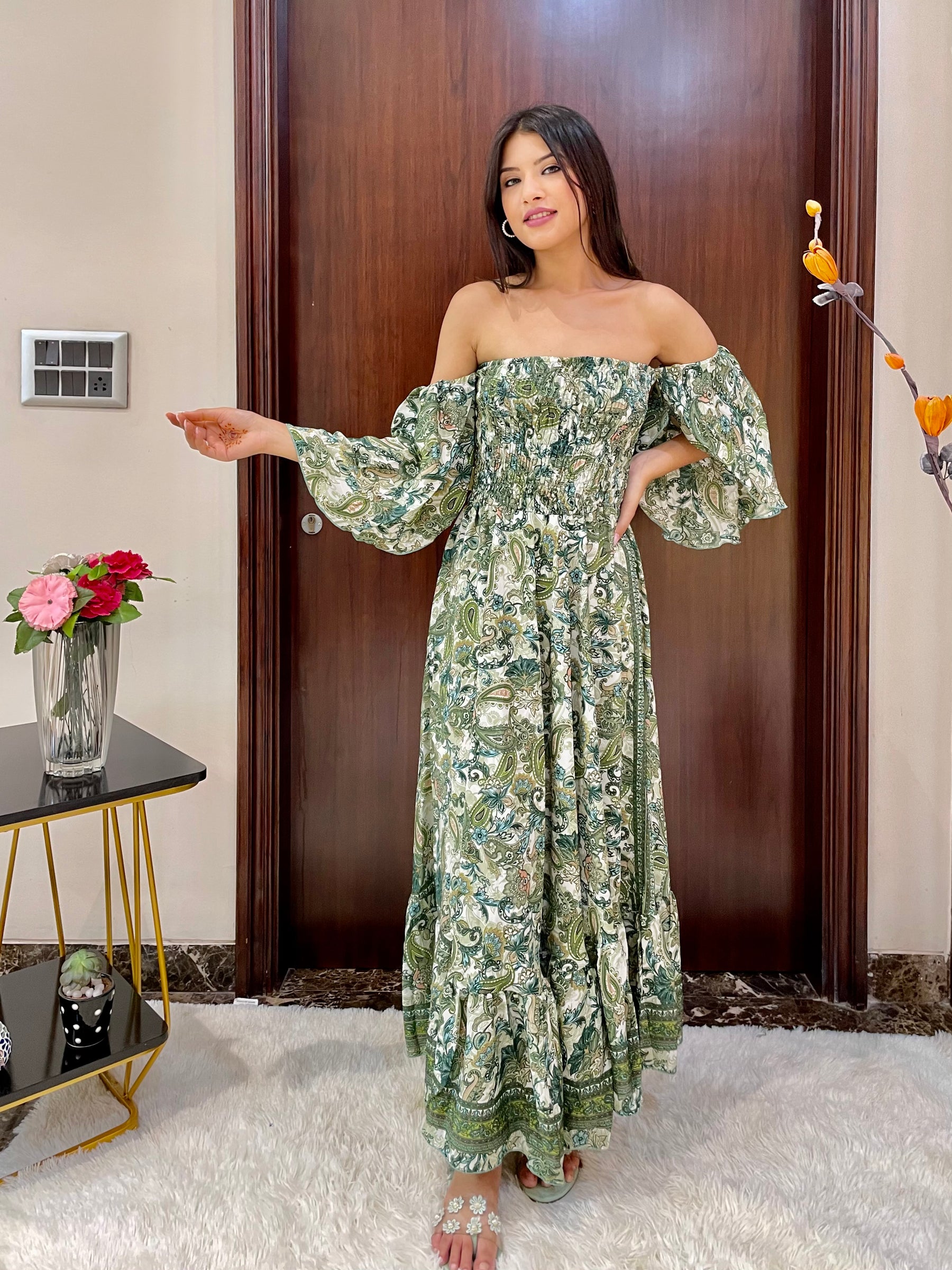 Off- Shoulder Boho Printed Maxi Dress - Vintage Paisley Charmer