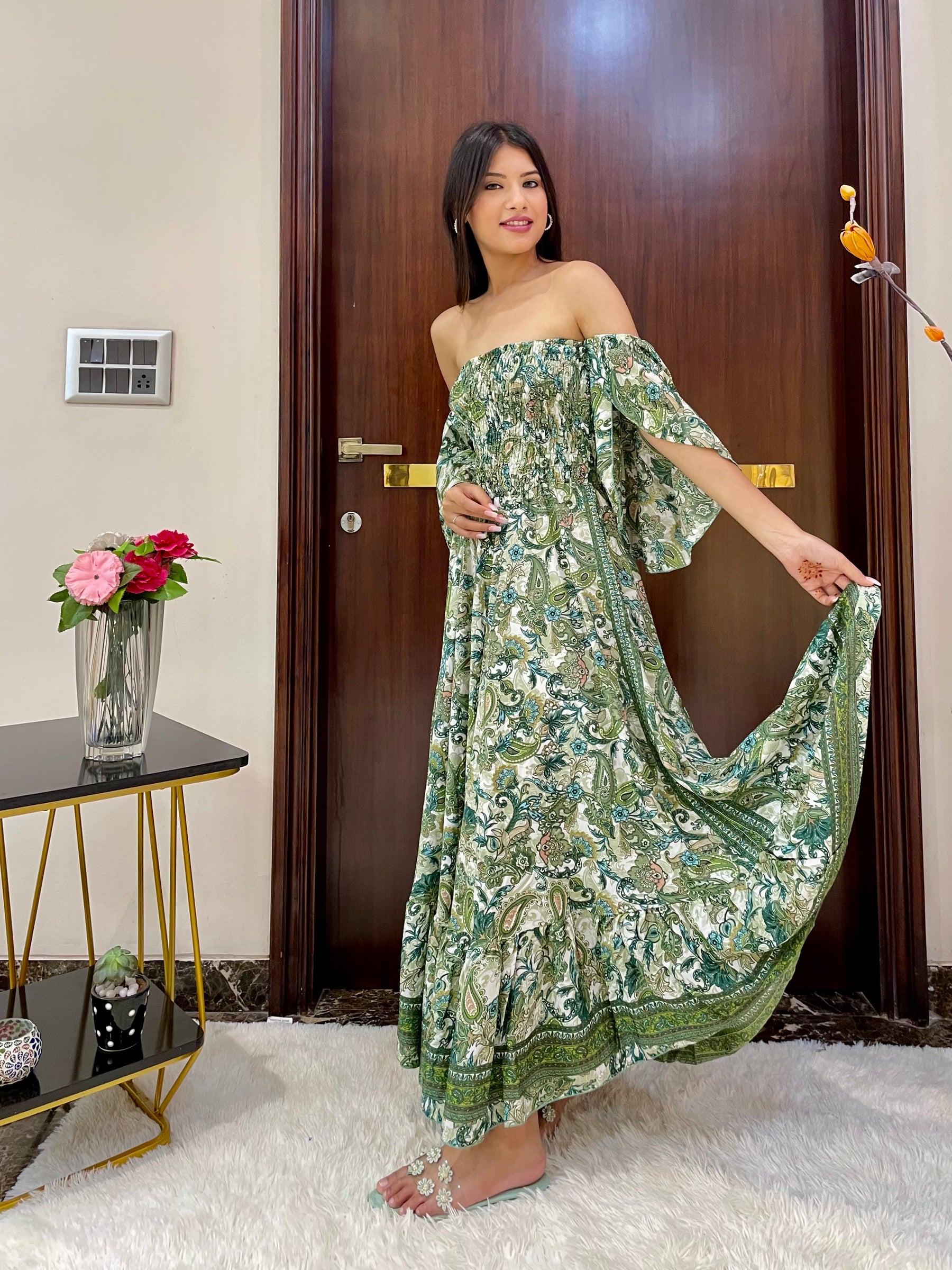 Off- Shoulder Boho Printed Maxi Dress - Vintage Paisley Charmer