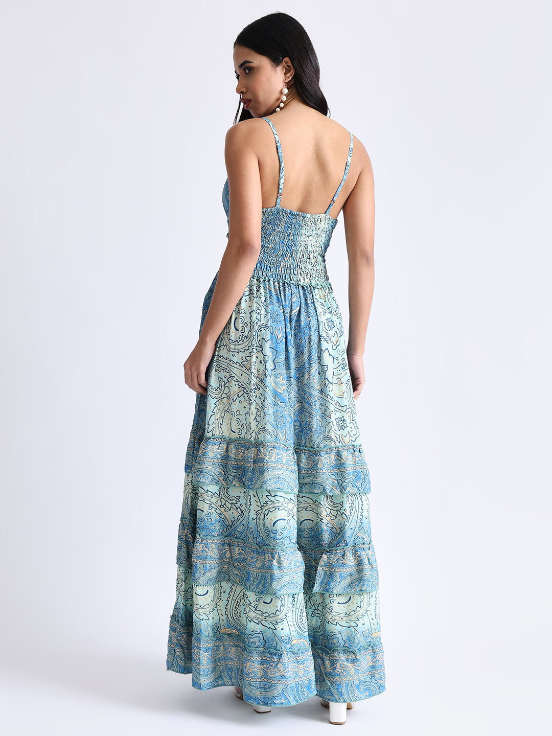 V Neck Boho Printed Embroidery Hand Work Breeze Maxi Dress- Serenity Blue