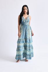 V Neck Boho Printed Embroidery Hand Work Breeze Maxi Dress- Serenity Blue