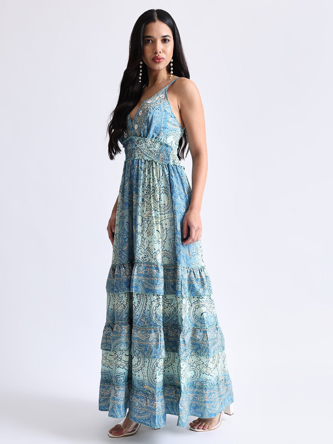 V Neck Boho Printed Embroidery Hand Work Breeze Maxi Dress- Serenity Blue