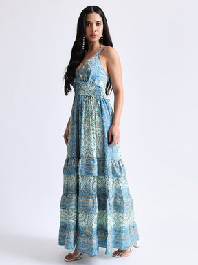 V Neck Boho Printed Embroidery Hand Work Breeze Maxi Dress- Serenity Blue