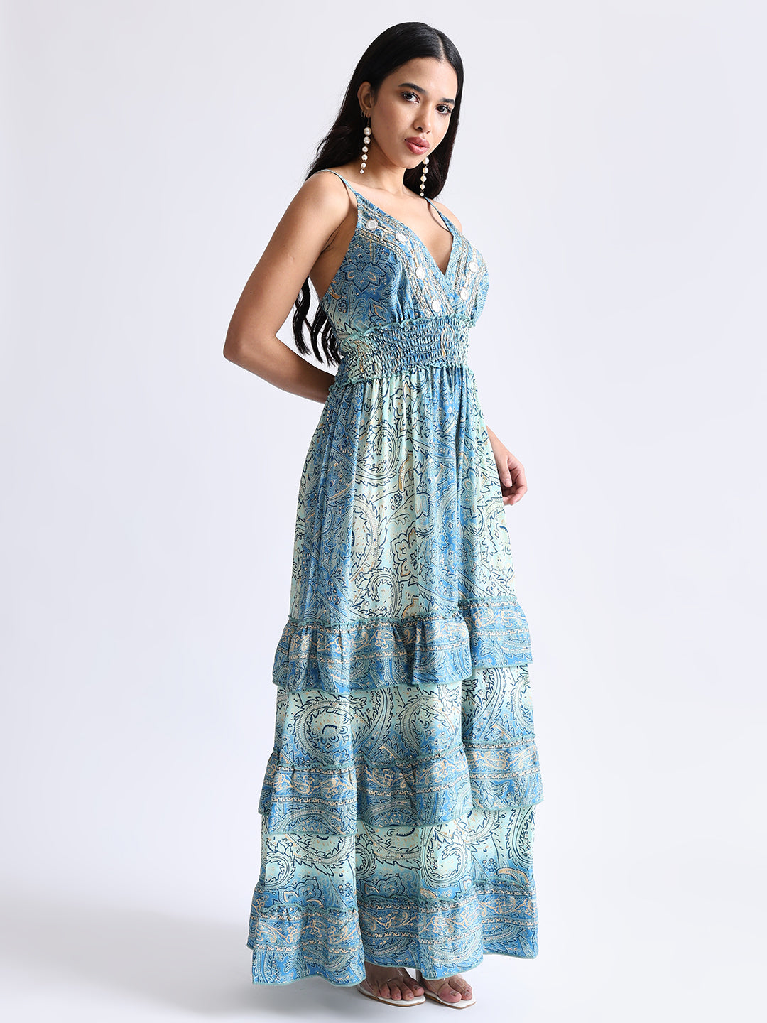 V Neck Boho Printed Embroidery Hand Work Breeze Maxi Dress- Serenity Blue