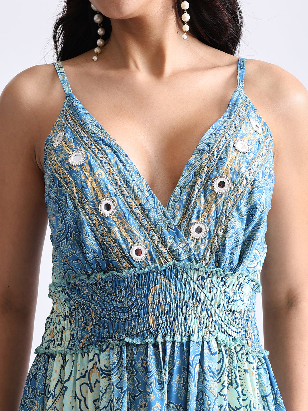 V Neck Boho Printed Embroidery Hand Work Breeze Maxi Dress- Serenity Blue