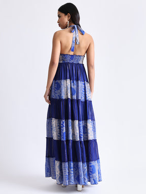 Halter Neck Multi Panel Embroidery Hand Work Boho printed Maxi Dress in Royal Indigo