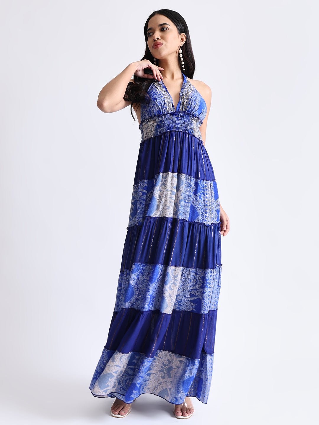 Halter Neck Multi Panel Embroidery Hand Work Boho printed Maxi Dress in Royal Indigo