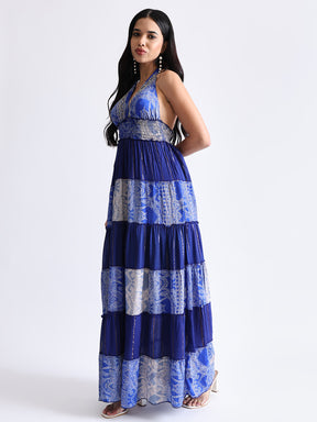 Halter Neck Multi Panel Embroidery Hand Work Boho printed Maxi Dress in Royal Indigo