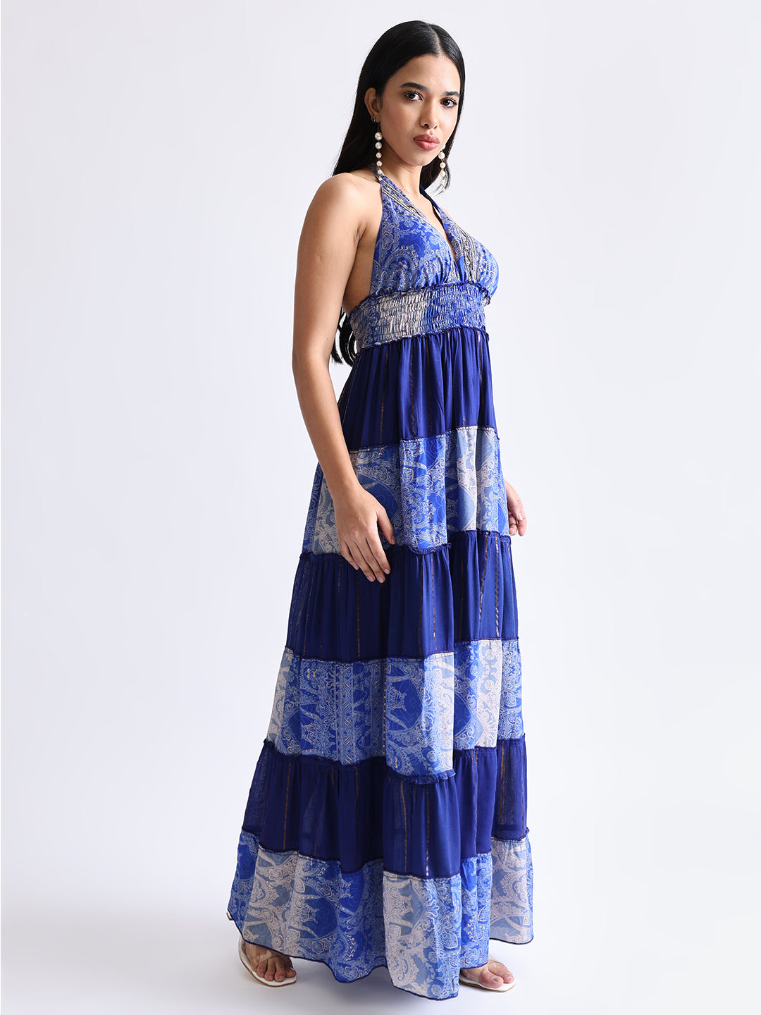 Halter Neck Multi Panel Embroidery Hand Work Boho printed Maxi Dress in Royal Indigo