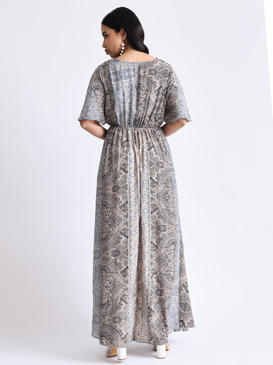 Boho Printed Embroidery Hand Work Middle Slit Maxi Dress- Dusky Elegance