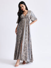 Boho Printed Embroidery Hand Work Middle Slit Maxi Dress- Dusky Elegance