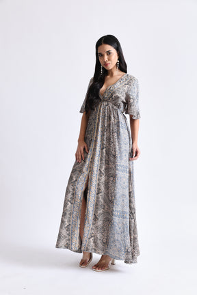 Boho Printed Embroidery Hand Work Middle Slit Maxi Dress- Dusky Elegance