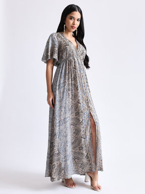 Boho Printed Embroidery Hand Work Middle Slit Maxi Dress- Dusky Elegance