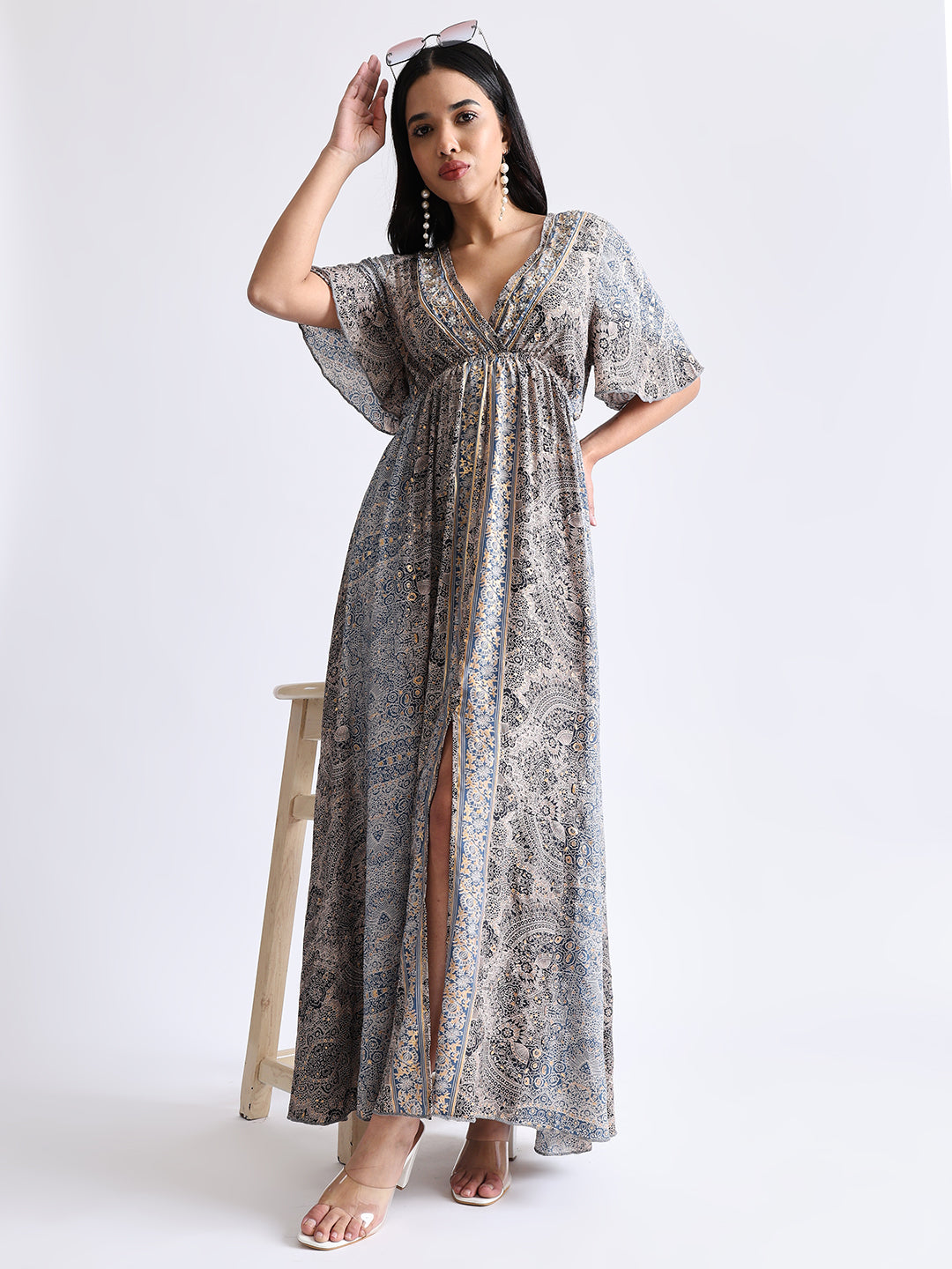 Boho Printed Embroidery Hand Work Middle Slit Maxi Dress- Dusky Elegance