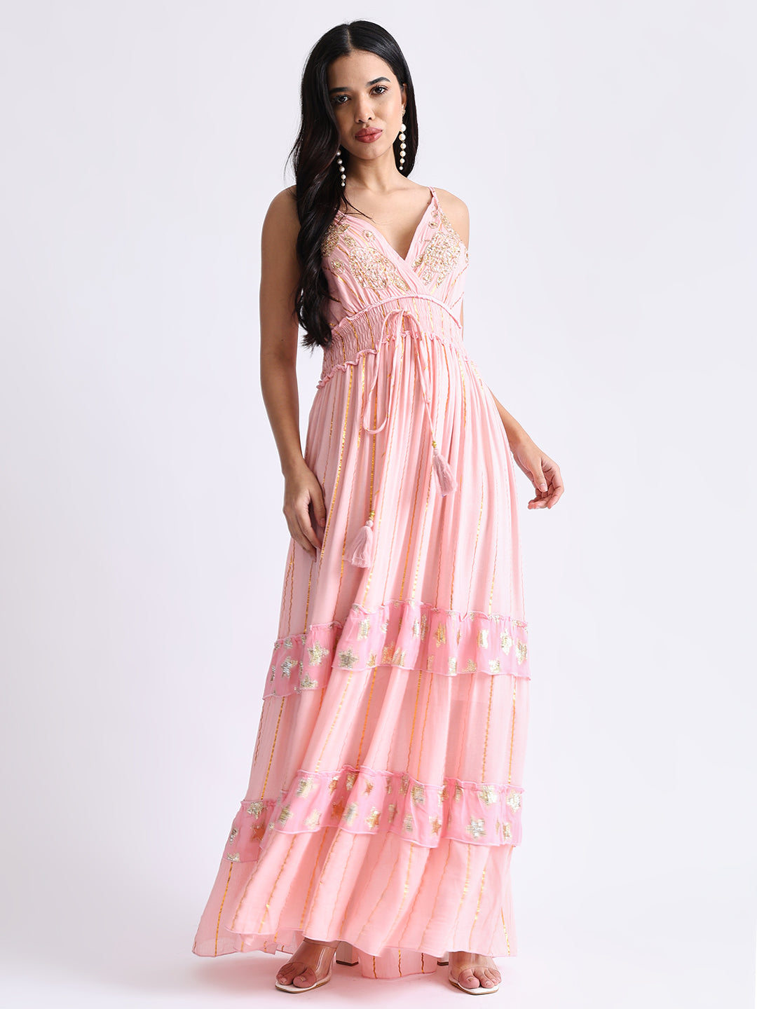 V Neck Embroidery Hand Work Boho Printed Maxi Dress- Golden Petal