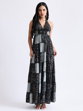 Halter Neck Multi Panel Boho printed Maxi Dress in Silver Moonlight