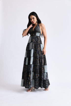 Halter Neck Multi Panel Boho printed Maxi Dress in Silver Moonlight