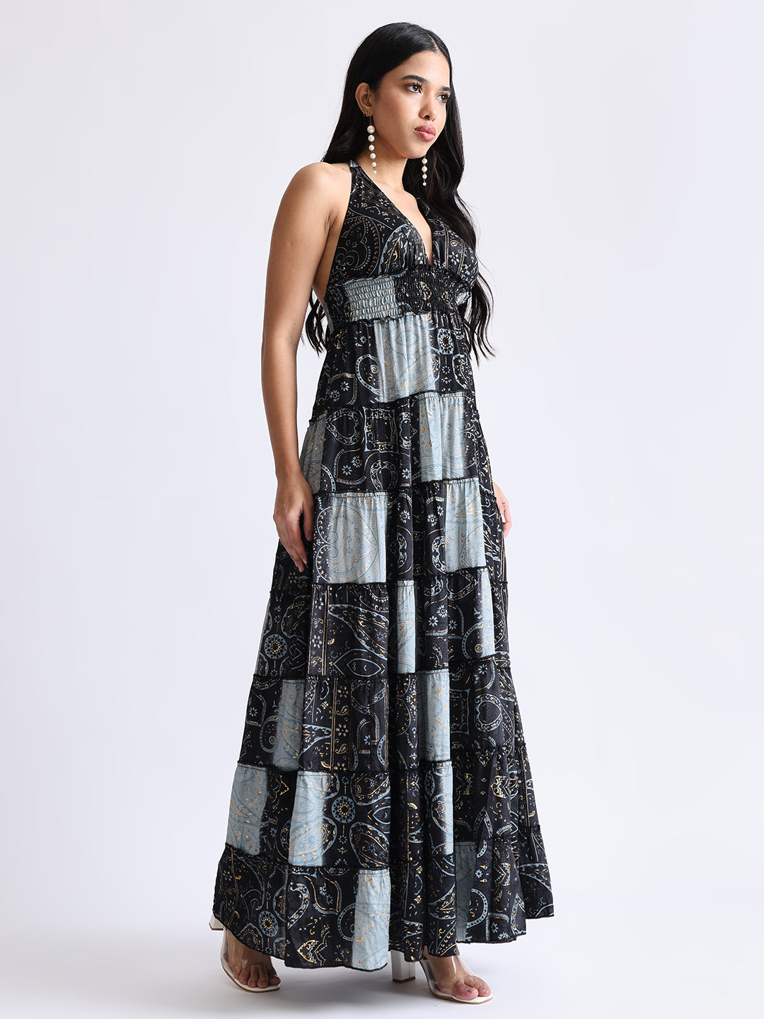 Halter Neck Multi Panel Boho printed Maxi Dress in Silver Moonlight