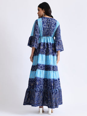 Embroidery Hand Work Bell Sleeves Front Boho Printed Maxi Dress -  Oceanic Charm