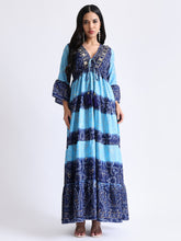 Embroidery Hand Work Bell Sleeves Front Boho Printed Maxi Dress -  Oceanic Charm