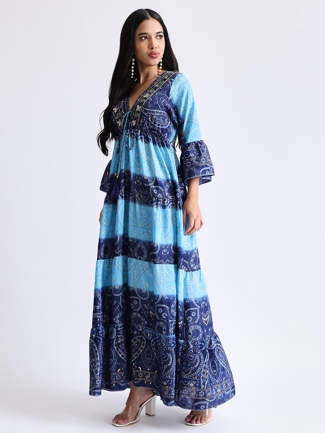 Embroidery Hand Work Bell Sleeves Front Boho Printed Maxi Dress -  Oceanic Charm