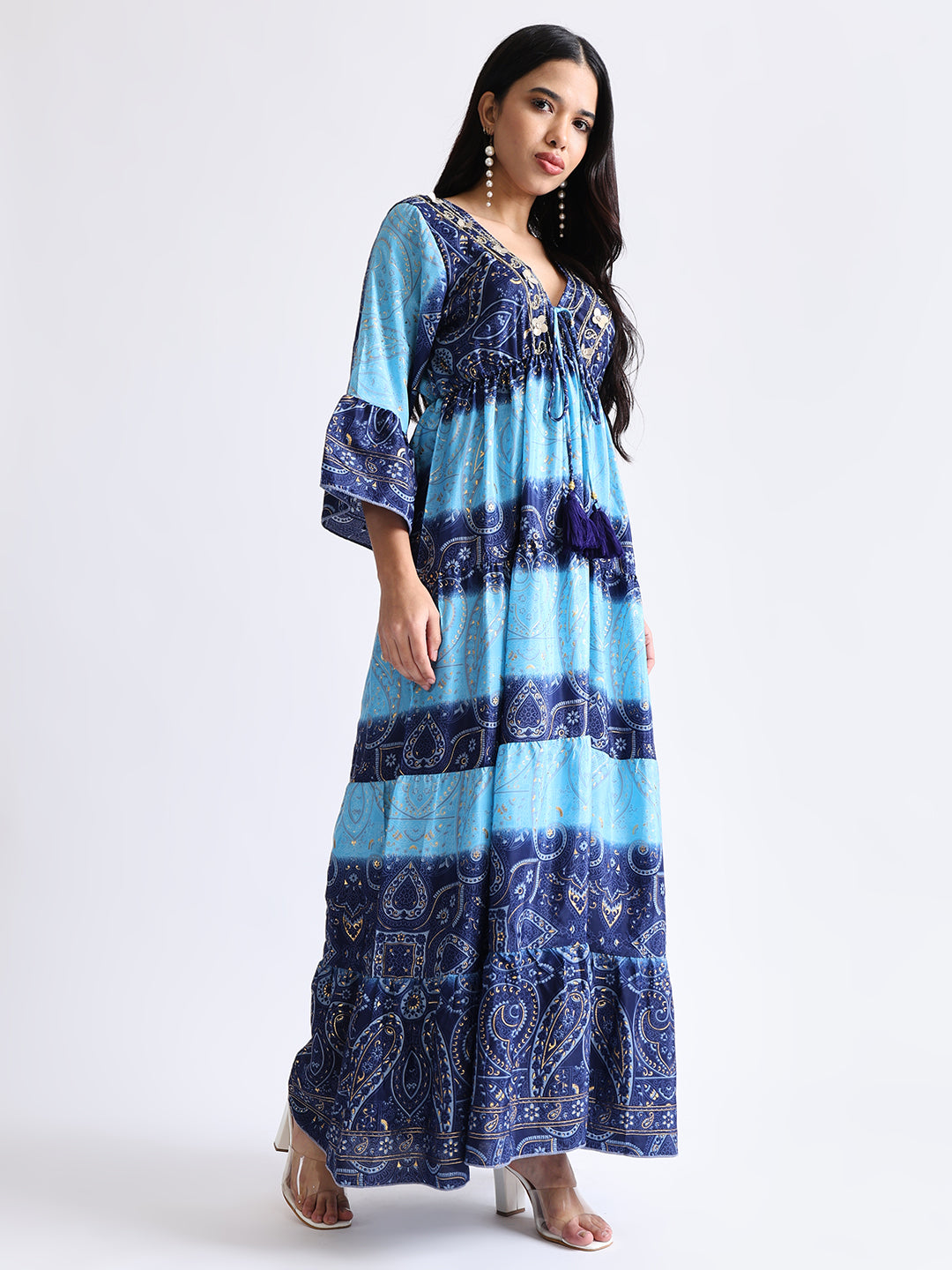 Embroidery Hand Work Bell Sleeves Front Boho Printed Maxi Dress -  Oceanic Charm