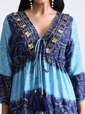 Embroidery Hand Work Bell Sleeves Front Boho Printed Maxi Dress -  Oceanic Charm