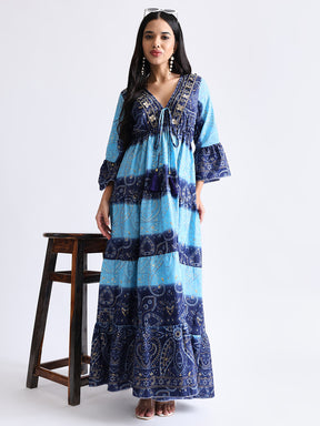 Embroidery Hand Work Bell Sleeves Front Boho Printed Maxi Dress -  Oceanic Charm