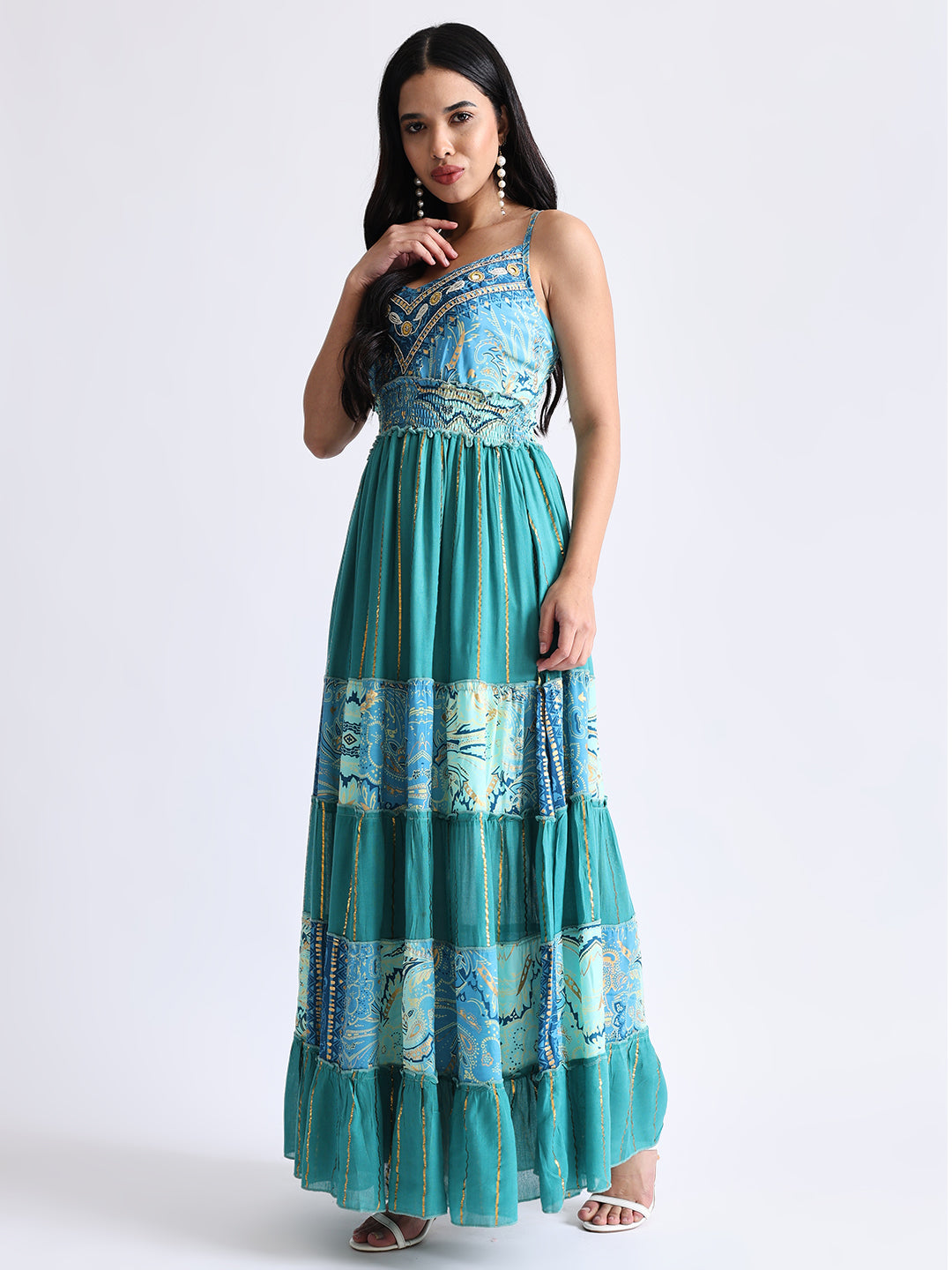 Boho Printed Hand Work Middle Seafoam Bliss Maxi Dress