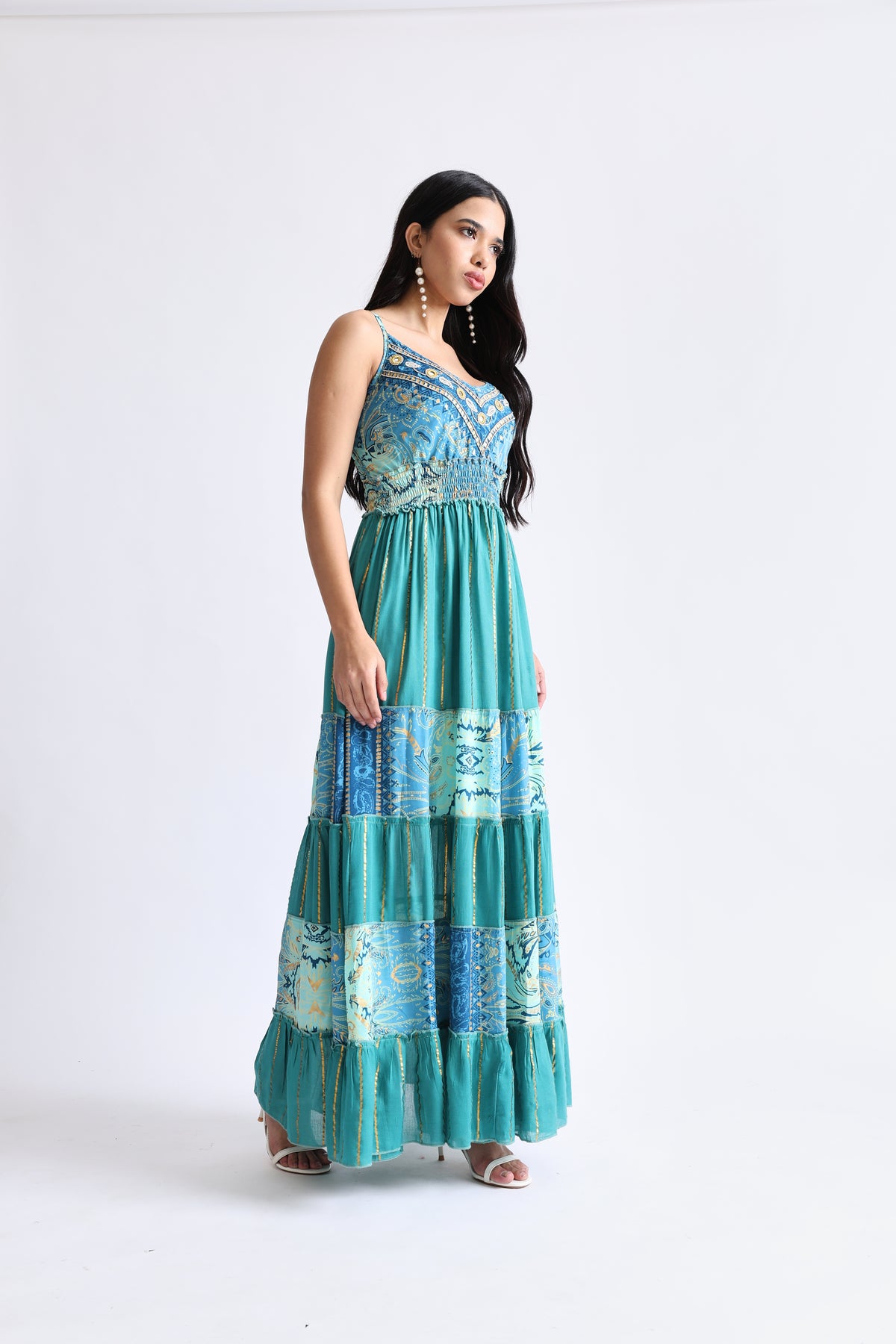 Boho Printed Hand Work Middle Seafoam Bliss Maxi Dress