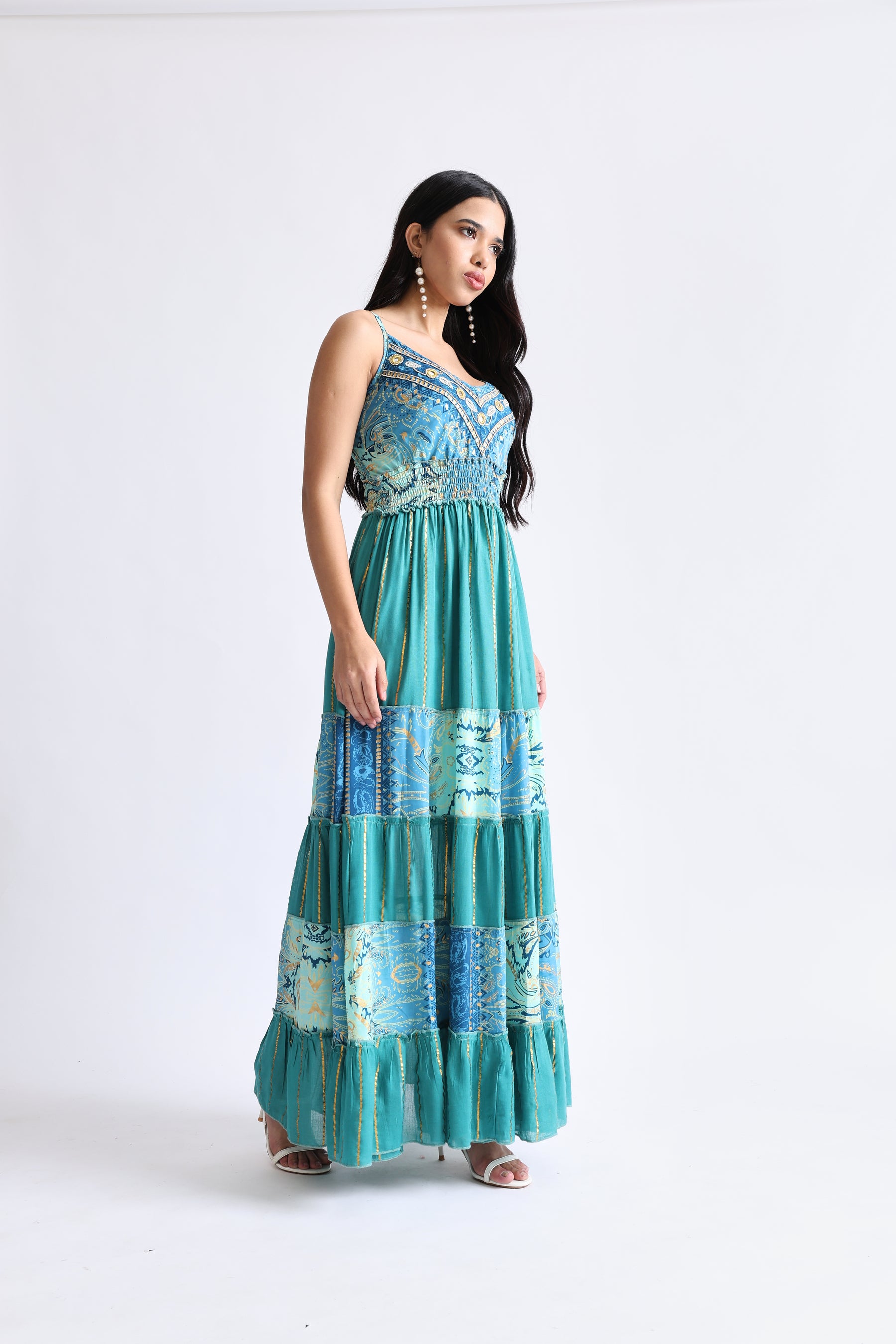 Boho Printed Hand Work Middle Seafoam Bliss Maxi Dress