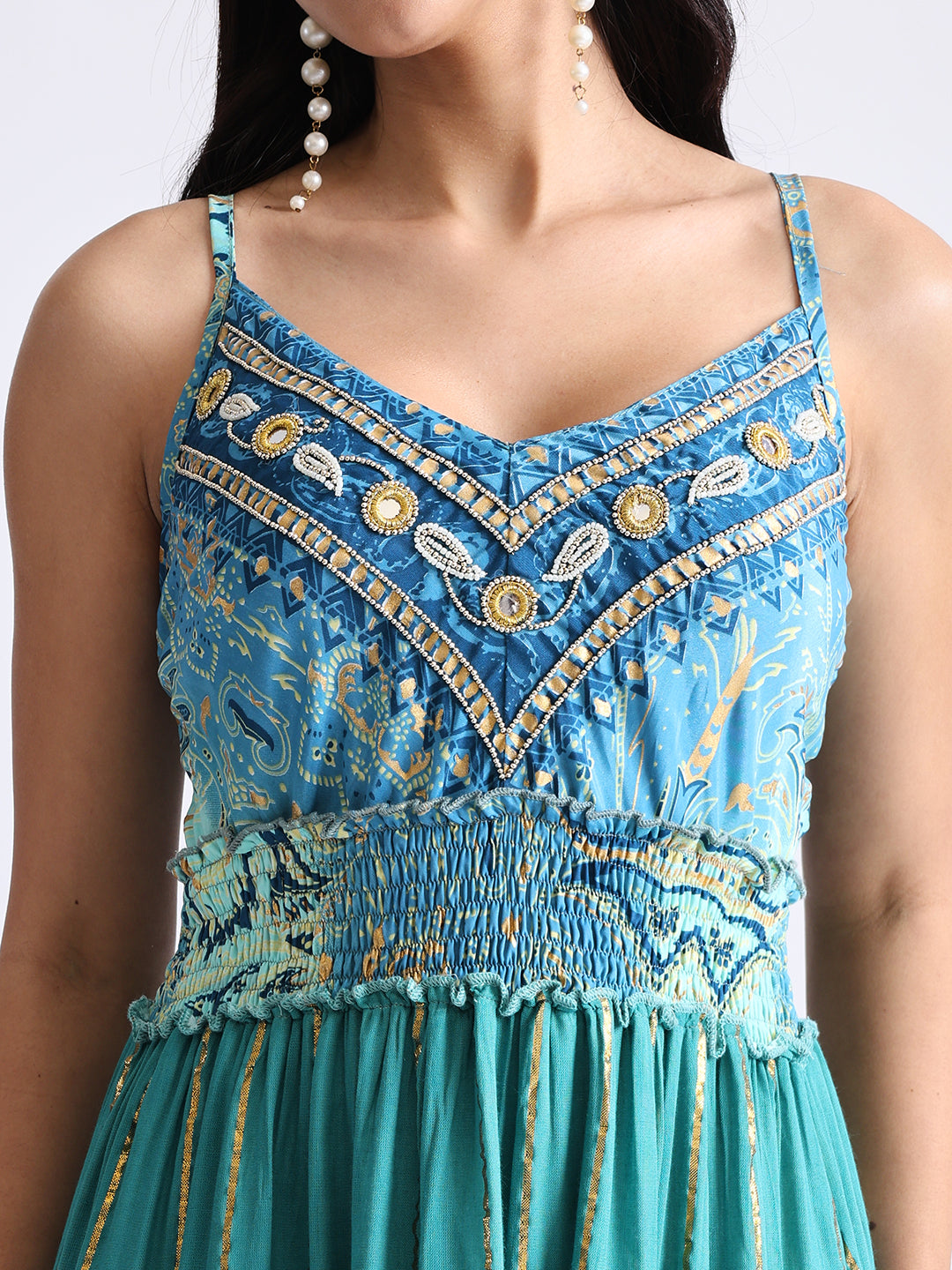 Boho Printed Hand Work Middle Seafoam Bliss Maxi Dress