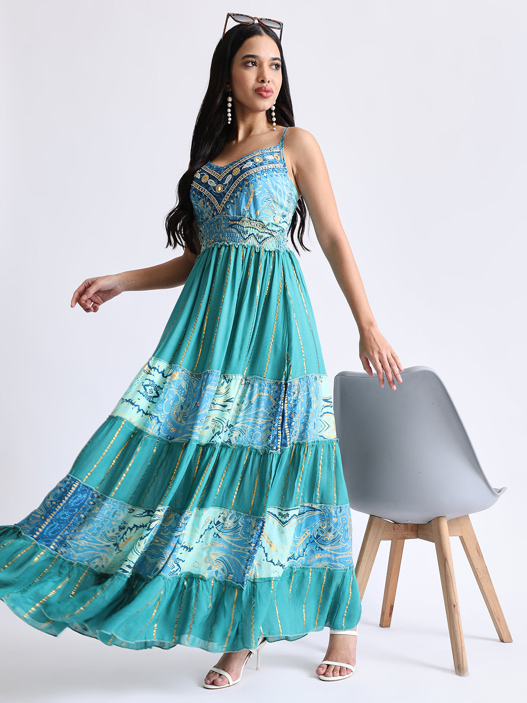 Boho Printed Hand Work Middle Seafoam Bliss Maxi Dress