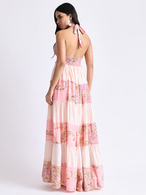 Halter Neck Multi Panel Embroidery Hand Work Boho printed Maxi Dress in Pink Mirage