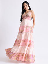 Halter Neck Multi Panel Embroidery Hand Work Boho printed Maxi Dress in Pink Mirage