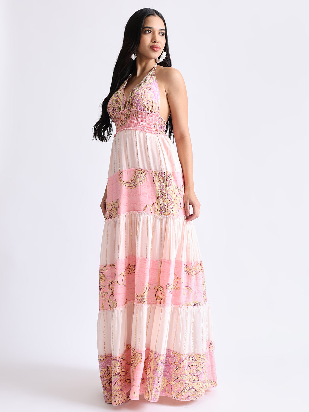 Halter Neck Multi Panel Embroidery Hand Work Boho printed Maxi Dress in Pink Mirage