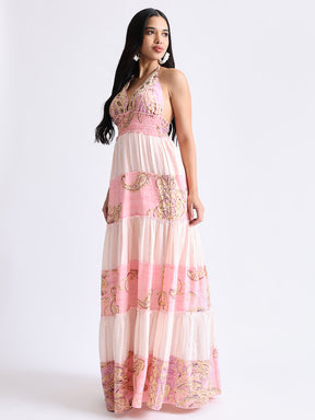 Halter Neck Multi Panel Embroidery Hand Work Boho printed Maxi Dress in Pink Mirage