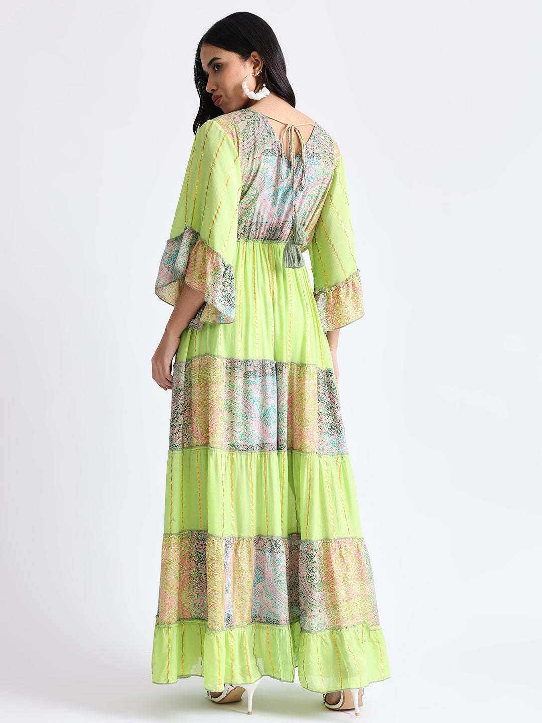 Embroidery Hand Work Bell Sleeves Front Boho Printed Maxi Dress -  Lime Blossom